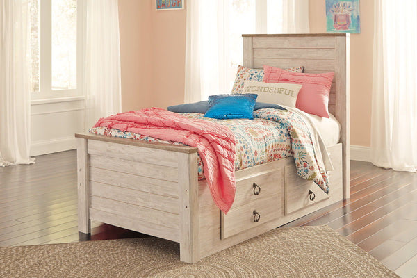 This twin panel bed with storage is the ultimate statement piece for a coastal cottage or shabby chic inspired retreat. Whitewashed finish is wonderfully easy on the eyes. Faux plank cap rails on the headboard and footboard infuse a driftwoody look that h