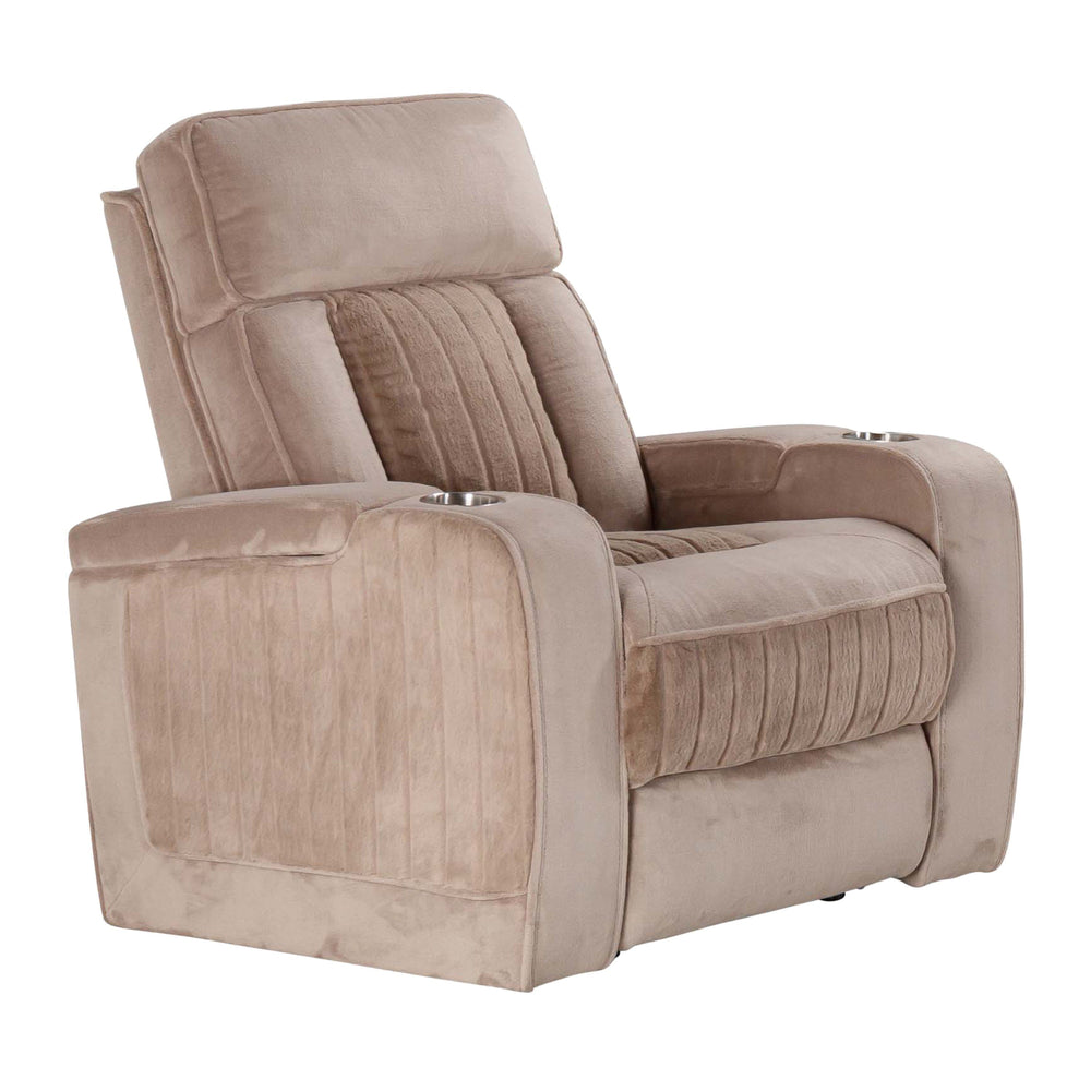Spice up your movie nights with the Equinox Power Recliner. This power seat also features armrest storage and an independently operating power headrest for personalized comfort. Cool blue ambient floor light at the base, upholstered channels on the back a