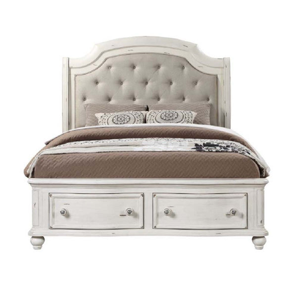 Jaqueline - Ek Bed With Storage - Light Gray Linen & Antique White Finish