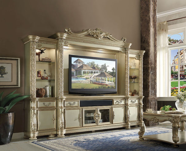 Our new interpretation of Vendome II is donned in a gold patina finish accented with gold leaf hand brushed onto each piece. Tracing back to the classical Baroque era, expressed with intent and conviction, exuding opulence with intensity. This dramatic an