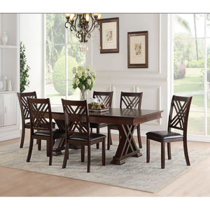 The Katrien collection offers a casual look, versatility and sleek style that enhances any dining room. It designs with the overlapped X-shape style table base and chair backs. The set is made from wood and veneers, adding extra stability and durability t