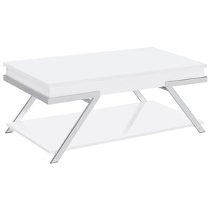 Capture the stylish, inspired look of effortless design suited to modern spaces. This ultra-contemporary lift-top coffee table made of white high gloss finish MDF with paper coating creates a stir in your laid-back living room or family room. Angular meta