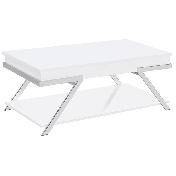 Capture the stylish, inspired look of effortless design suited to modern spaces. This ultra-contemporary lift-top coffee table made of white high gloss finish MDF with paper coating creates a stir in your laid-back living room or family room. Angular meta