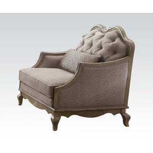 Assembled, w/1 Pillow â€¢ Button Tufted Backrest (Camel-Back Shape) â€¢ Tight Back & Seat Cushion: Beige Fabric (35% cotton, 75% polyester) â€¢ Seat Cushion: Box Seat Construction with Welt Trim â€¢ Scalloped Trim: Antique Taupe (Arm/Back/Base) â€¢ Arms: 