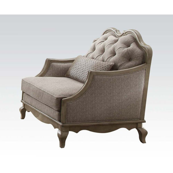 Assembled, w/1 Pillow â€¢ Button Tufted Backrest (Camel-Back Shape) â€¢ Tight Back & Seat Cushion: Beige Fabric (35% cotton, 75% polyester) â€¢ Seat Cushion: Box Seat Construction with Welt Trim â€¢ Scalloped Trim: Antique Taupe (Arm/Back/Base) â€¢ Arms: 