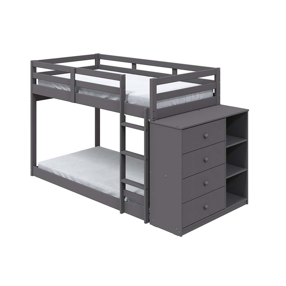Whether you need extra sleeping space, or your child simply loves sleepovers, this Twin over Twin Bunk Bed is perfect for your home. This Gaston bunk bed with cabinet is designed with a clean silhouette and a modern gray finish. Use the bottom for additio