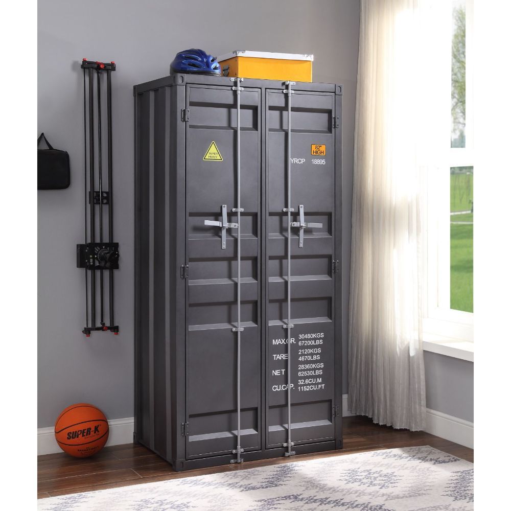 The Cargo Wardrobe is an excellent addition for storage in any bedroom, garage, or even in an off-site storage unit. This functional piece is created from iron metal and includes two front doors with a rod for hanging clothes and five open compartments.<b