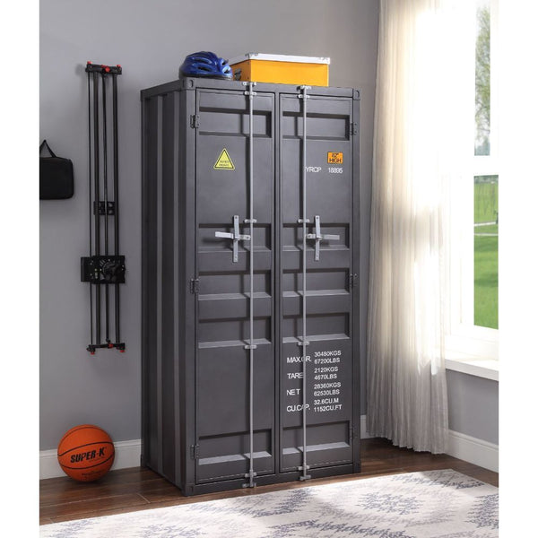 The Cargo Wardrobe is an excellent addition for storage in any bedroom, garage, or even in an off-site storage unit. This functional piece is created from iron metal and includes two front doors with a rod for hanging clothes and five open compartments.<b