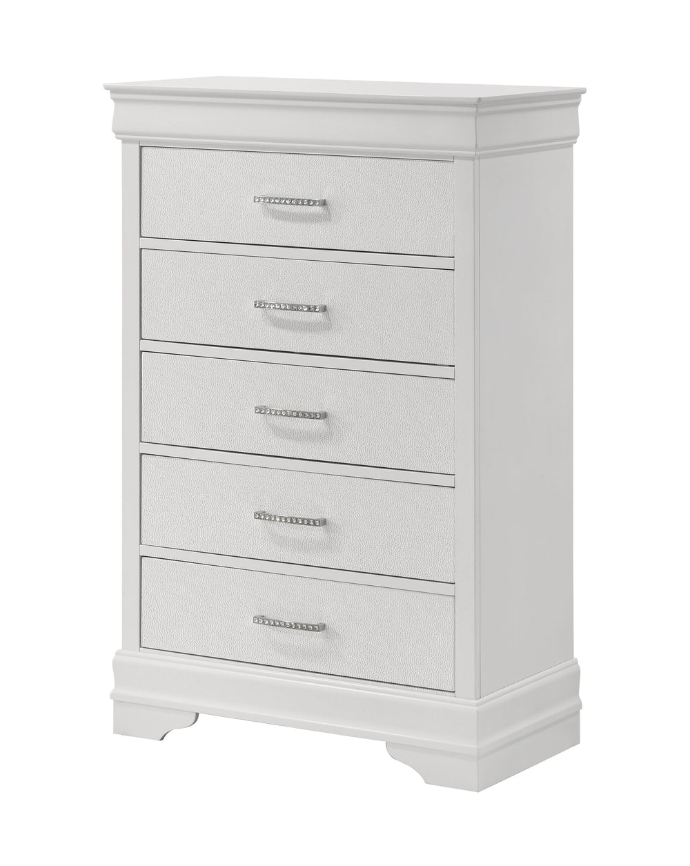 This bedroom set embodies a refined elegance with its crisp white hue and luxurious textures, perfect for creating a serene and sophisticated sanctuary. The centerpiece is a sumptuous bed framed by a headboard with diamond-tufted detailing, offering a tou