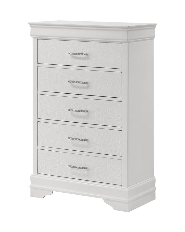 This bedroom set embodies a refined elegance with its crisp white hue and luxurious textures, perfect for creating a serene and sophisticated sanctuary. The centerpiece is a sumptuous bed framed by a headboard with diamond-tufted detailing, offering a tou