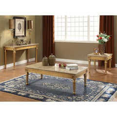 KD, Rectangular Leg Coffee Table â€¢ No Storage (Open Base) â€¢ Marble Top: Spain Import Marble with MDF â€¢ Wooden Apron with Corner Carved Floral Motifs: Antique Gold Finish, Poplar Wood â€¢ Wooden Turned Legs with Fluted Details: Antique Gold Finish, P