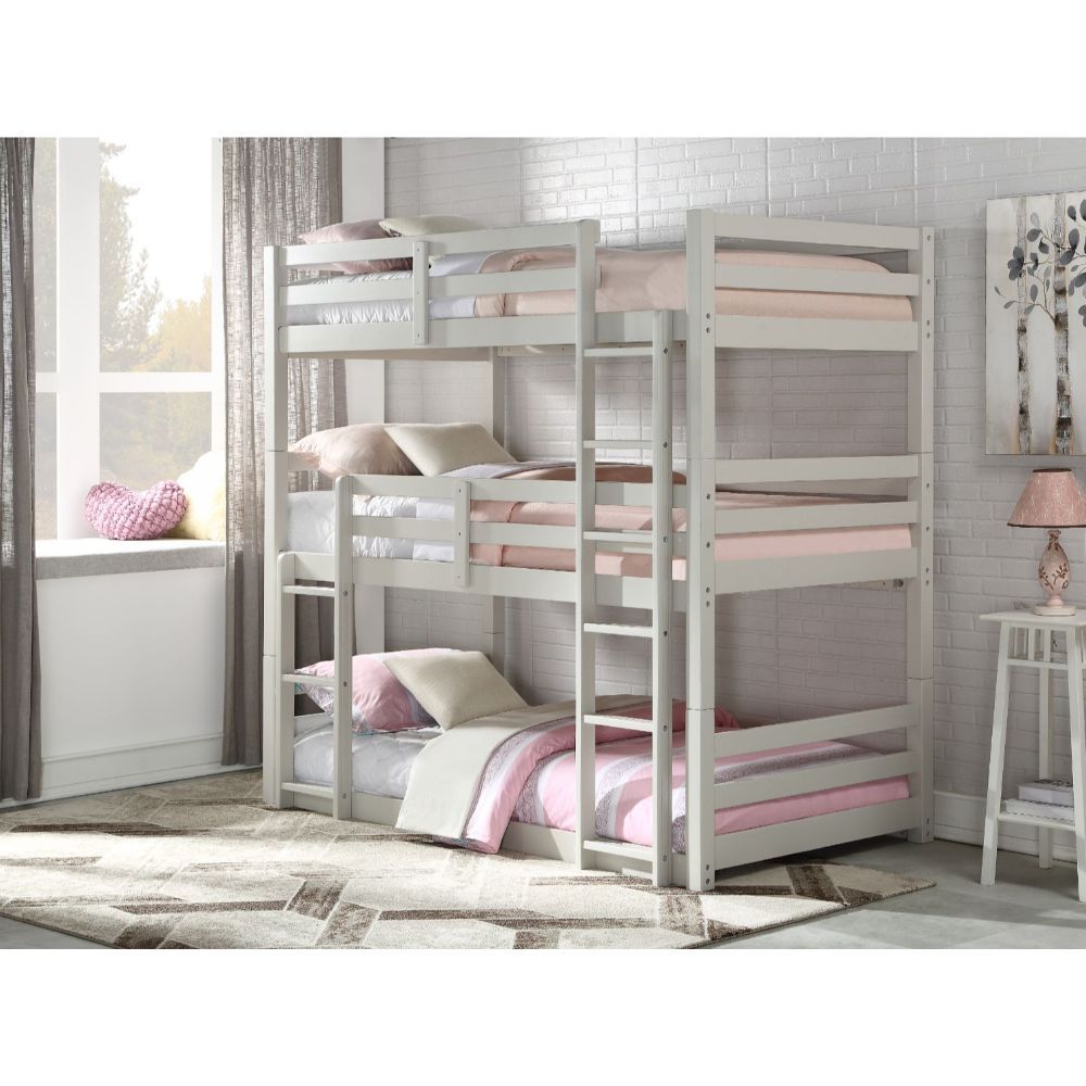 Give your children a space of their own with the Ronnie bunk bed. This unique triple twin wooden bunk bed features guardrails, a reversible rail ladder and is finished in a timeless light gray finish. This artistically imagined bed is expertly designed to