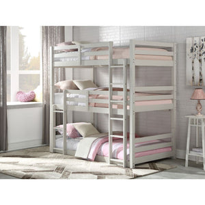 Give your children a space of their own with the Ronnie bunk bed. This unique triple twin wooden bunk bed features guardrails, a reversible rail ladder and is finished in a timeless light gray finish. This artistically imagined bed is expertly designed to