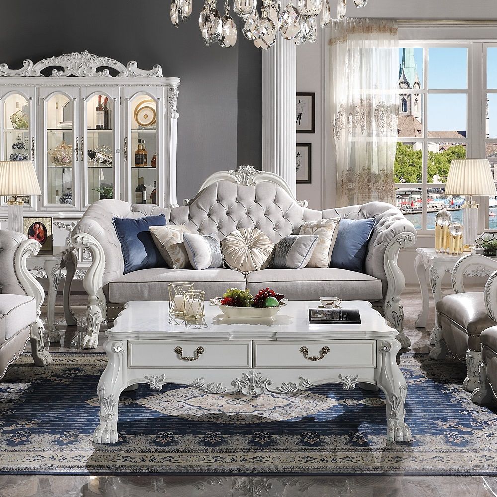 Assembled, with 7 Pillows Floral Scrolled Crown & Front-Arm Trim with Antique Brush, Nailhead Trim (Armrest & Base) Backrest Style: Arched (Crystal like Button Tufted) Tight Back & Loose Seat Cushion (1+2) CONSTRUCTION: Pocket Coil Seat