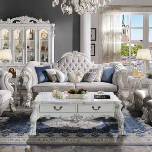 Assembled, with 7 Pillows Floral Scrolled Crown & Front-Arm Trim with Antique Brush, Nailhead Trim (Armrest & Base) Backrest Style: Arched (Crystal like Button Tufted) Tight Back & Loose Seat Cushion (1+2) CONSTRUCTION: Pocket Coil Seat