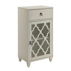 Classic design and great function make the Ceara floor cabinet a pleasing addition to any room. Featuring a drawer and beautiful fret work framed glass door, small enough to be put any where and not be in the way. But still has plenty of storage both hidd
