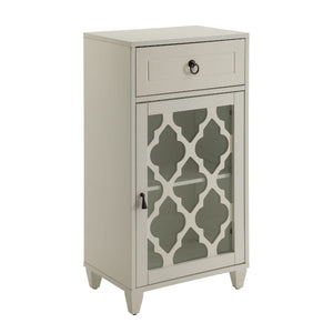 Classic design and great function make the Ceara floor cabinet a pleasing addition to any room. Featuring a drawer and beautiful fret work framed glass door, small enough to be put any where and not be in the way. But still has plenty of storage both hidd