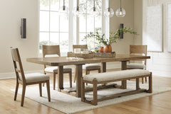 This dining room set sits comfortably at the intersection of modern lodge and farmhouse aesthetics. Your warm and welcoming disposition is reflected in its charming architectural elements and light brown glazed finish. Even with its poise, it remains prac