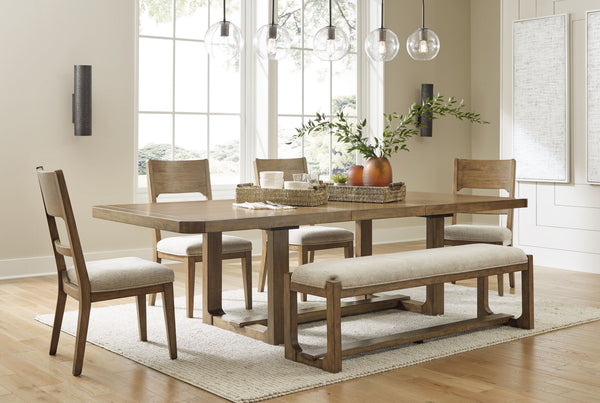 This dining room set sits comfortably at the intersection of modern lodge and farmhouse aesthetics. Your warm and welcoming disposition is reflected in its charming architectural elements and light brown glazed finish. Even with its poise, it remains prac