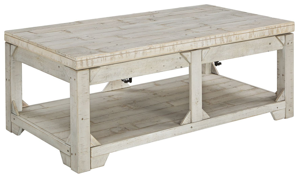 Take in the country fresh look of this lift top coffee table and reminisce of a simpler time. Its farmhouse style is evident in its stocky design with planked top/bottom shelf, unique triangle accents and relaxed white washed finish. With a handcrafted lo