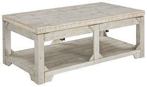 Take in the country fresh look of this lift top coffee table and reminisce of a simpler time. Its farmhouse style is evident in its stocky design with planked top/bottom shelf, unique triangle accents and relaxed white washed finish. With a handcrafted lo