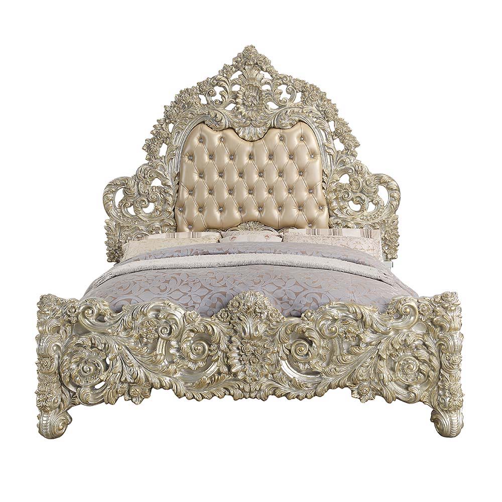 A bed fit for royalty, the Sorina bed brings glam and style to any bedroom in your home. Crafted exquisitely with a tall regal headboard that is accented with button tufts along the center of the headboard. The footboard features the same majestic scrollw