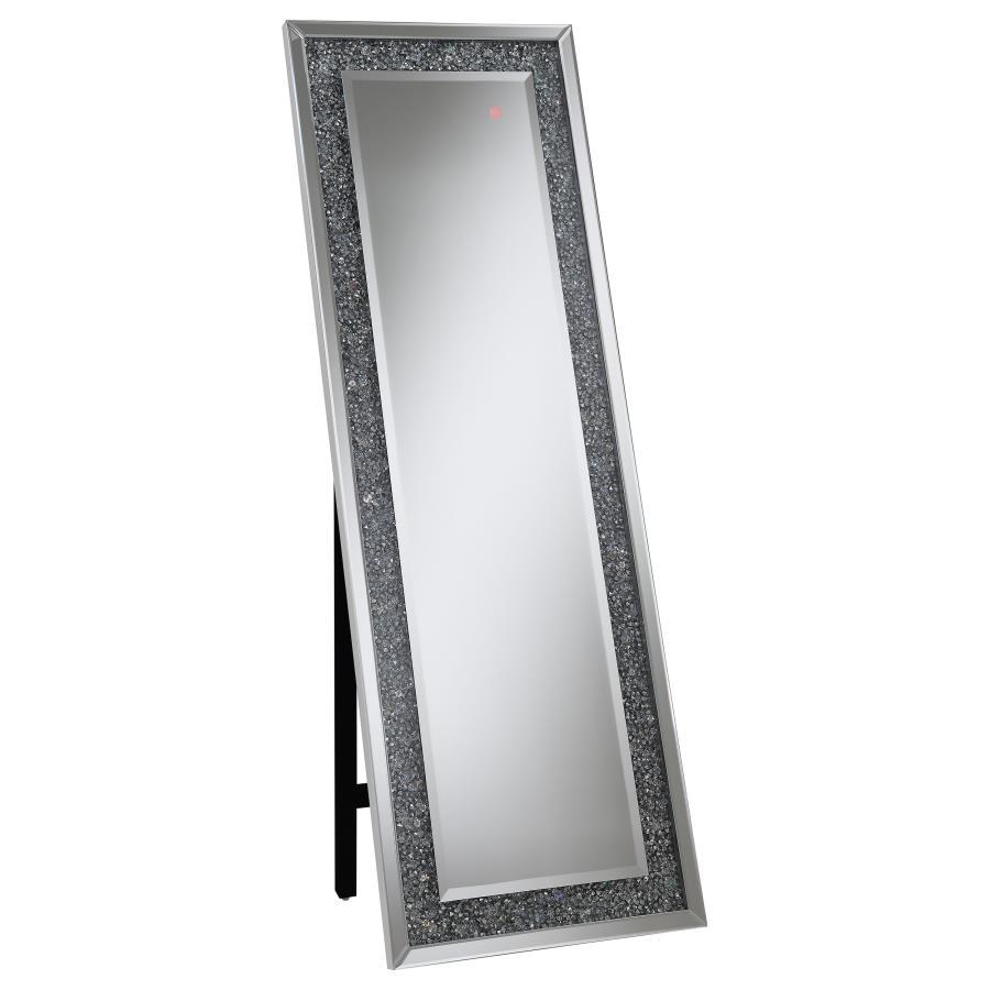 Bring a cool vibrancy to your home when you add this standing mirror. It features MDF and mirror construction that brightens up a bedroom or makes for a unique addition to the foyer. The silver finish is embellished with crystal accents that give the mirr