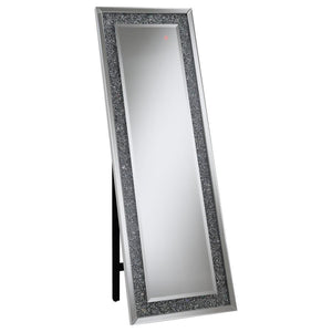 Bring a cool vibrancy to your home when you add this standing mirror. It features MDF and mirror construction that brightens up a bedroom or makes for a unique addition to the foyer. The silver finish is embellished with crystal accents that give the mirr