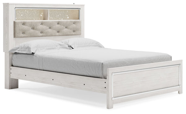  this queen upholstered bookcase bed is a beautiful blend of comfort and luxury. Shiny chrome-tone accents