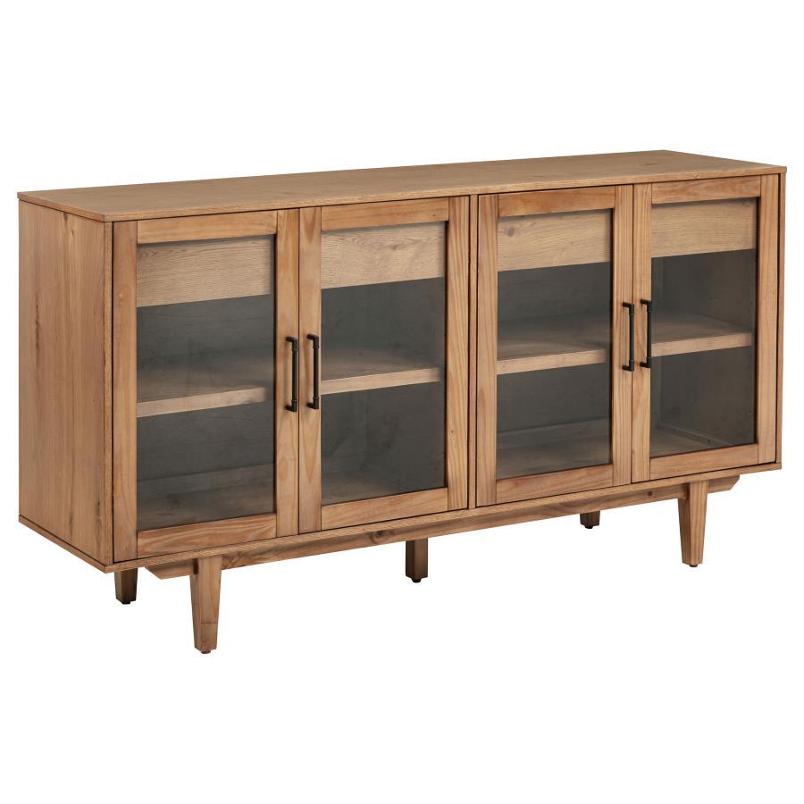This versatile sideboard combines modern elegance with functional design. It features tempered glass-paneled cabinet doors that reveal adjustable shelving, perfect for displaying or organizing items. Two smooth-gliding, felt-lined drawers offer concealed 