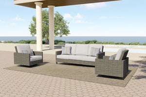 The Bungalow 3-Piece Outdoor Patio Set is crafted to transform your outdoor space into a comfortable gathering spot. This set includes a plush patio sofa and two swivel chairs, all designed with durable aluminum frames coated with a baked-on powder finish