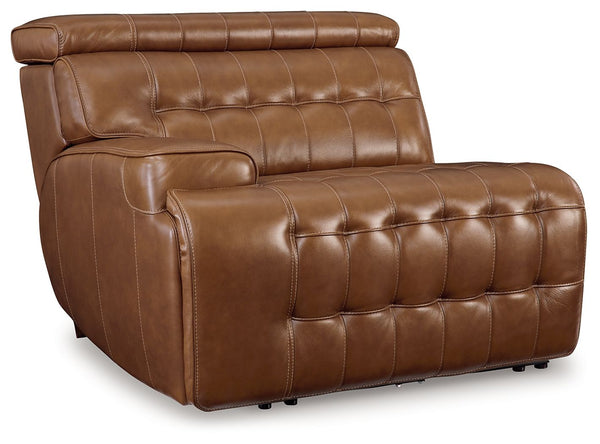 This left-arm facing power recliner is made with a combination of 100% top grain leather and faux leather upholstery. Pairs with other items in the series to make a sectional.<br><br><b>Additional Dimensions</b><br><ul><li>Adjustable height (max): 42.5-"<
