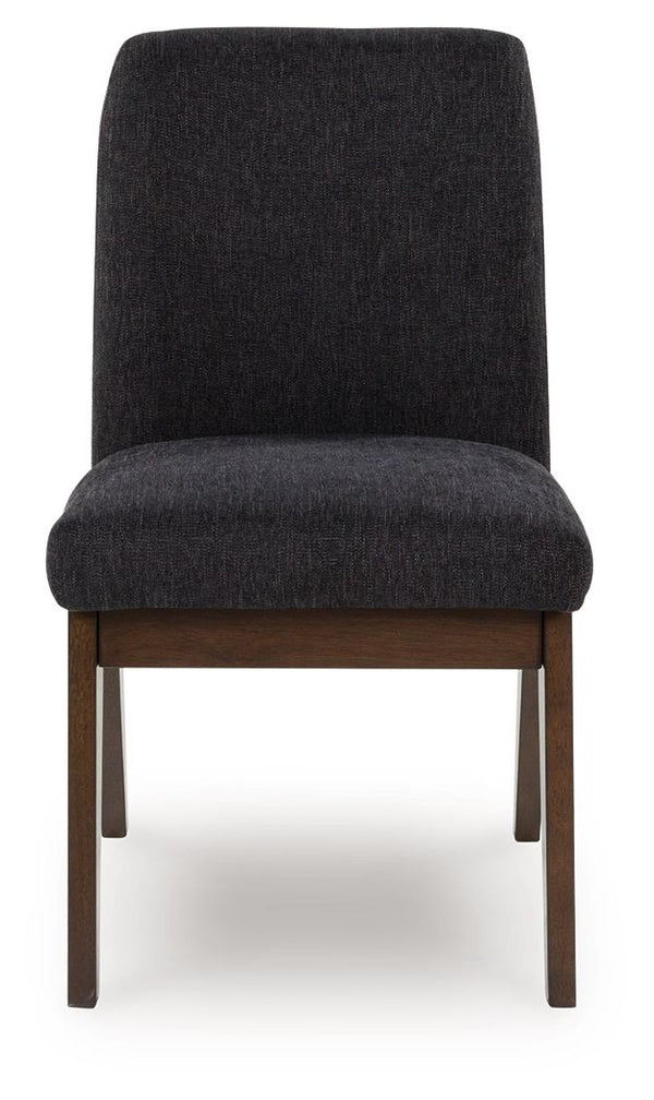  this upholstered bucket dining chair has a rich warm brown finish that beckons everyone to gather around. Black textured upholstery dresses the chair in on