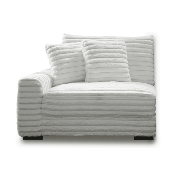 The Embrace Left Arm Facing Chair with 2 Accent Pillows in white is a sophisticated and comfortable addition to your sectional arrangement. Featuring 100% white polyester fabric with a fluffy, blanket-like texture, this chair promises ultimate relaxation.