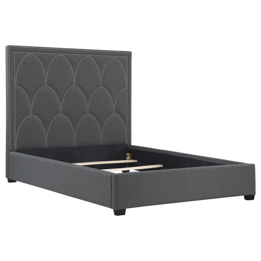 Treat a master or bedroom suite to the ultimate in Art Deco flavor with a plush, enticing panel bed. Designed to infuse romance and artistry, this decadent bed is wrapped in charcoal linen-like fabric. Its construction features a mix of hardwoods and wood