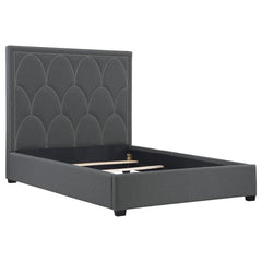 Treat a master or bedroom suite to the ultimate in Art Deco flavor with a plush, enticing panel bed. Designed to infuse romance and artistry, this decadent bed is wrapped in charcoal linen-like fabric. Its construction features a mix of hardwoods and wood