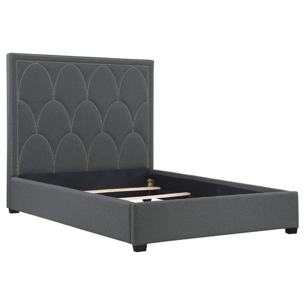 Treat a master or bedroom suite to the ultimate in Art Deco flavor with a plush, enticing panel bed. Designed to infuse romance and artistry, this decadent bed is wrapped in charcoal linen-like fabric. Its construction features a mix of hardwoods and wood