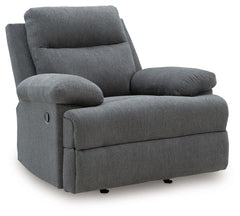 Fully upright or completely stretched out is how this traditional-inspired rocker recliner caters to the art of relaxation. Super soft charcoal-colored upholstery and sumptuous cushioningâ€”made all the more indulgent with pillow top armsâ€”cradles you in