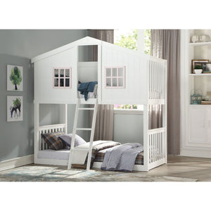 KD, T/T Bunk Slat System Included (14+14) NO Storage NOT Convertible (To be used Stacked Only) Front Ladder () Easy Access Guard-Rail (Top Bed) Cottage Style CONSTRUCTION Wood Frame: Wood (Pine) Q&A] Mattress NOT Included, Trundle NOT Recommended Roof Cle