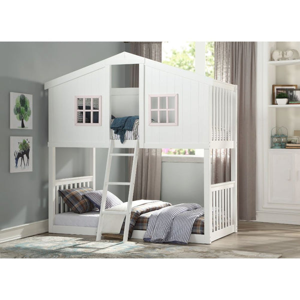 KD, T/T Bunk Slat System Included (14+14) NO Storage NOT Convertible (To be used Stacked Only) Front Ladder () Easy Access Guard-Rail (Top Bed) Cottage Style CONSTRUCTION Wood Frame: Wood (Pine) Q&A] Mattress NOT Included, Trundle NOT Recommended Roof Cle