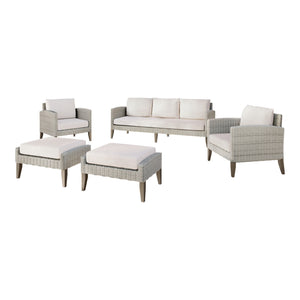 Introducing the 5 Piece Carezza Outdoor Collection, where durability meets comfort in a seamless blend of style and functionality. The set includes a roomy three seater sofa, 2 comfortable club chairs and 2 oversize stools. Crafted with precision using FS