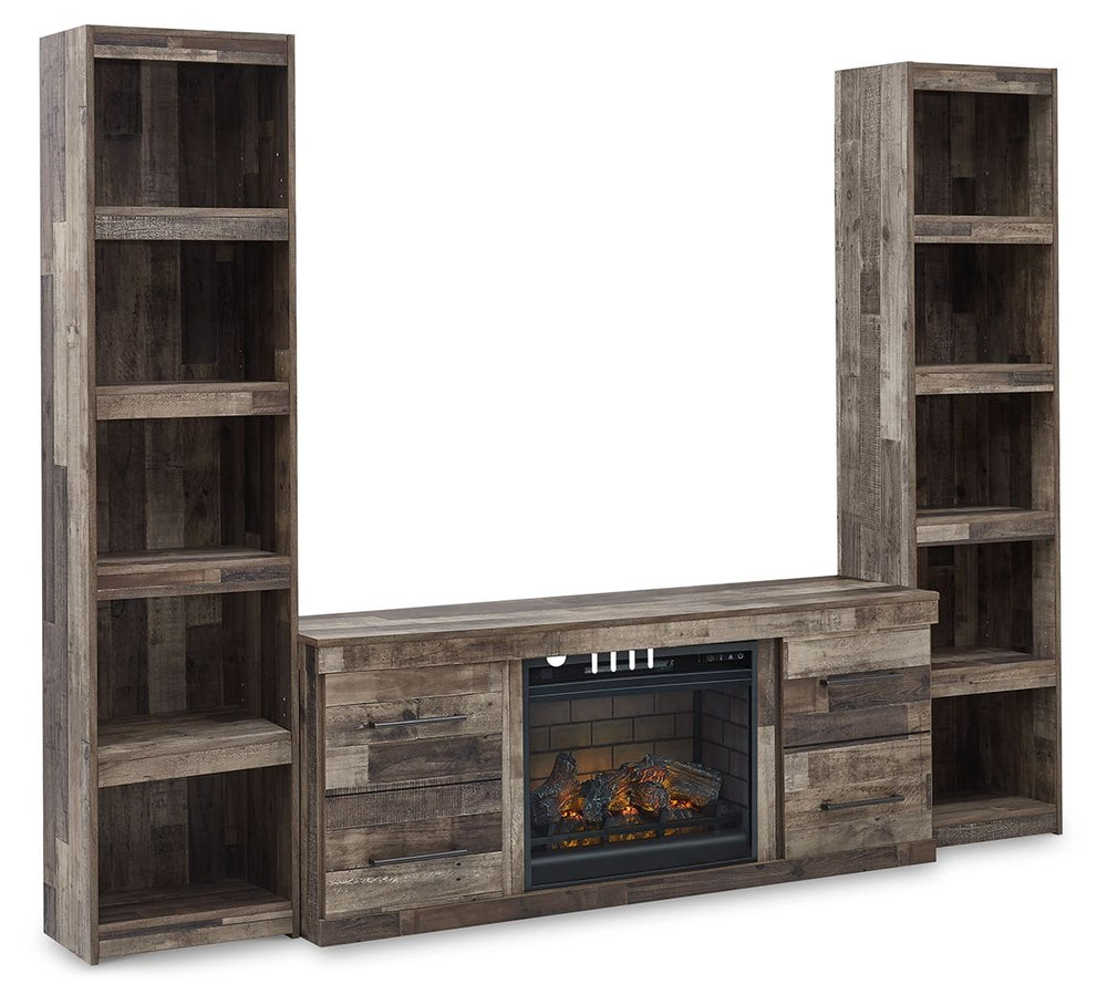 Make this entertainment center with fireplace insert the center of attention with its popular urban eclectic style. Its rustic finish over a replicated pine grain creates an authentic natural look for your home entertainment area. You-'ll love its functio