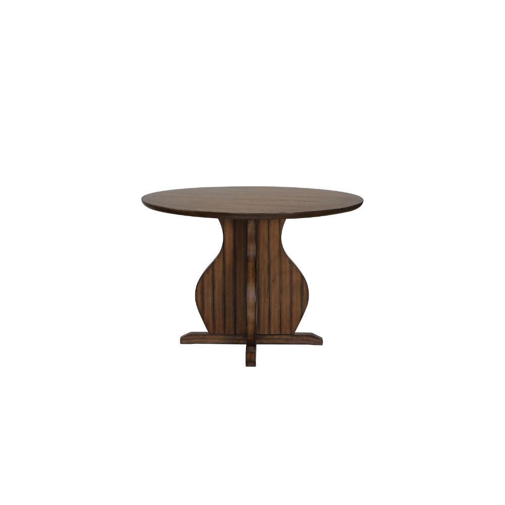 Some people call this set a space-saver, some people call it Maurice. Either way, this counter height dining set provides a comfortable place to share a meal. An X-shaped pedestal base supports the round wooden table top. Matching counter height chairs ar
