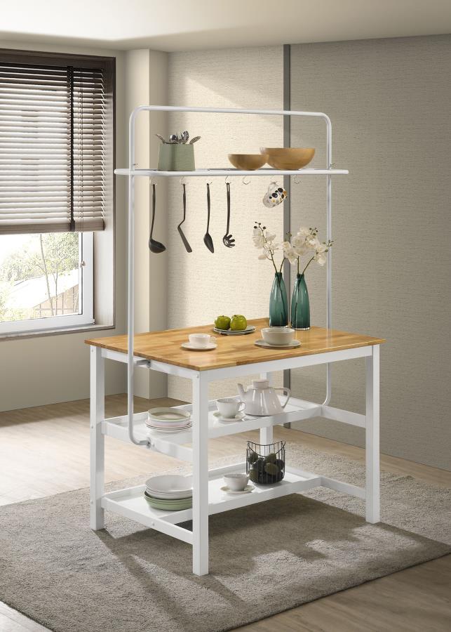 Expand the workspace and storage potential of your kitchen with a charming modern farmhouse kitchen island. Perfect for prep, it boasts a natural brown wood finish top with a butcher block-inspired look. Its white base is a crisp choice, lightening the ov
