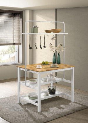  it boasts a natural brown wood finish top with a butcher block-inspired look. Its white base is a crisp choice
