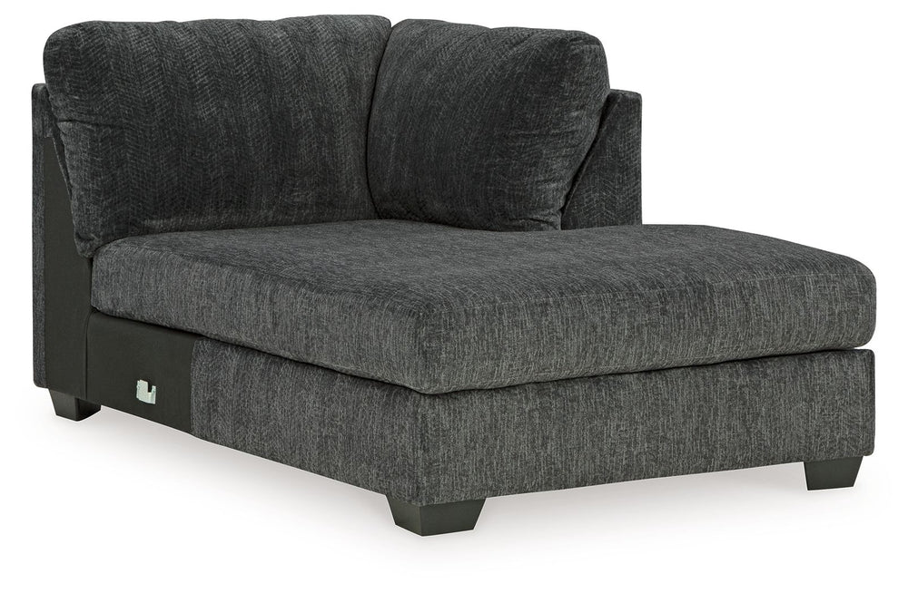 This right-arm facing corner chaise is made with polyester upholstery. Pairs with other items in the series to make a sectional, sold separately.<br><br><b>Additional Dimensions</b><br><ul><li>Arm height: 40-"</li><li>Seat depth: 57-"</li><li>Seat height: