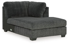 This right-arm facing corner chaise is made with polyester upholstery. Pairs with other items in the series to make a sectional, sold separately.<br><br><b>Additional Dimensions</b><br><ul><li>Arm height: 40-"</li><li>Seat depth: 57-"</li><li>Seat height: