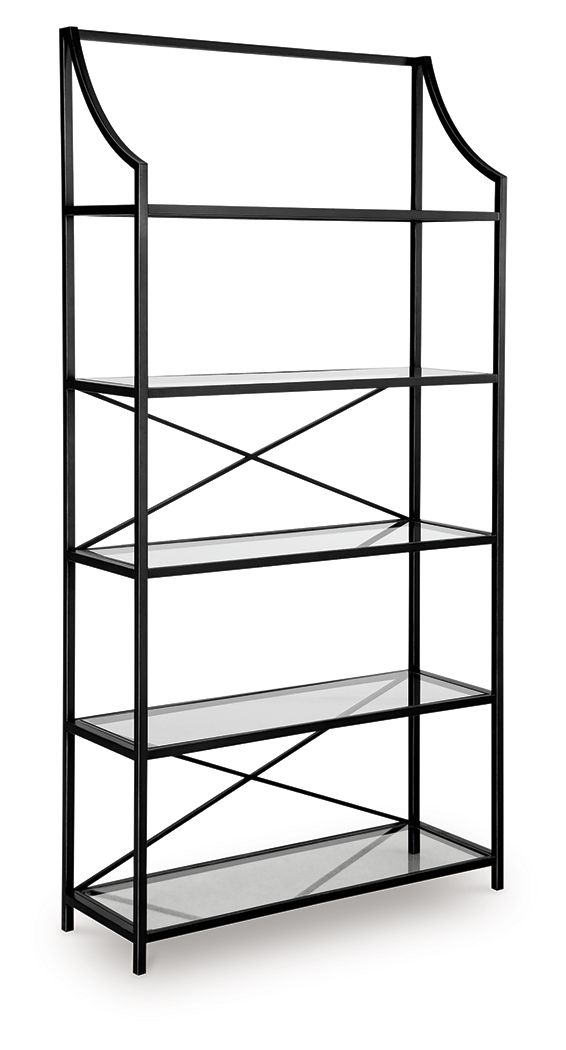 This bookcase proves that traditional designs are simply timeless. Five spacious glass shelves offer plenty of room to display today-'s meaningful mementos and awesome accessories. With a classic antiqued black finish, itâ€™s just got that ageless appeal.