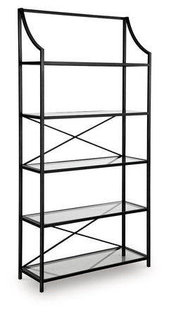 This bookcase proves that traditional designs are simply timeless. Five spacious glass shelves offer plenty of room to display today-'s meaningful mementos and awesome accessories. With a classic antiqued black finish, itâ€™s just got that ageless appeal.