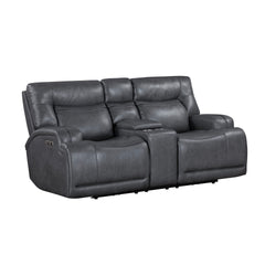 The Titan Power Reclining Console Loveseat with Adjustable Headrests in gray offers a blend of durability, comfort, and modern design. Built with hardwood plywood and engineered wood frames, this loveseat is designed to support up to 350 lbs per seat, ens